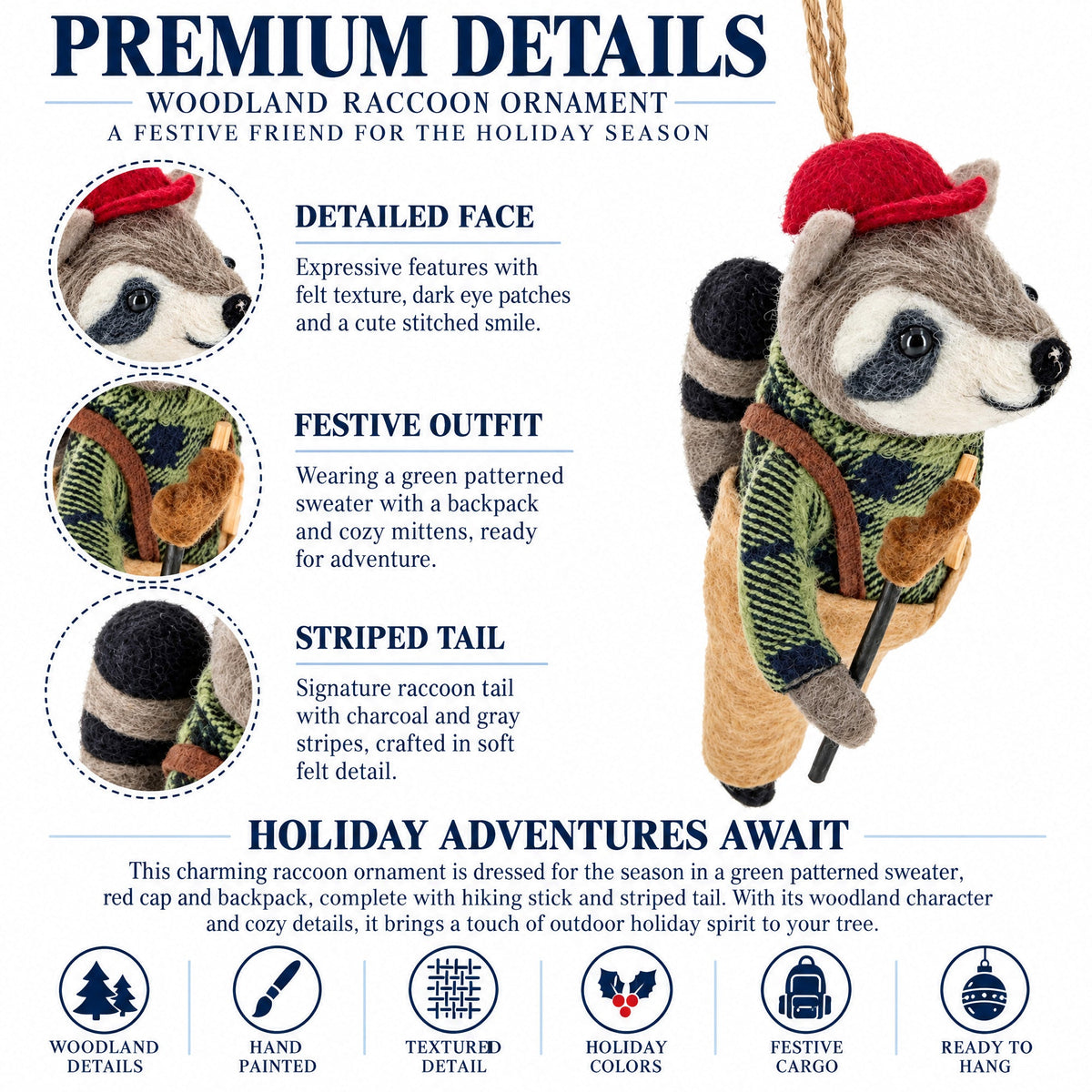 Felt raccoon ornament with detailed face and green plaid vest, red cap
