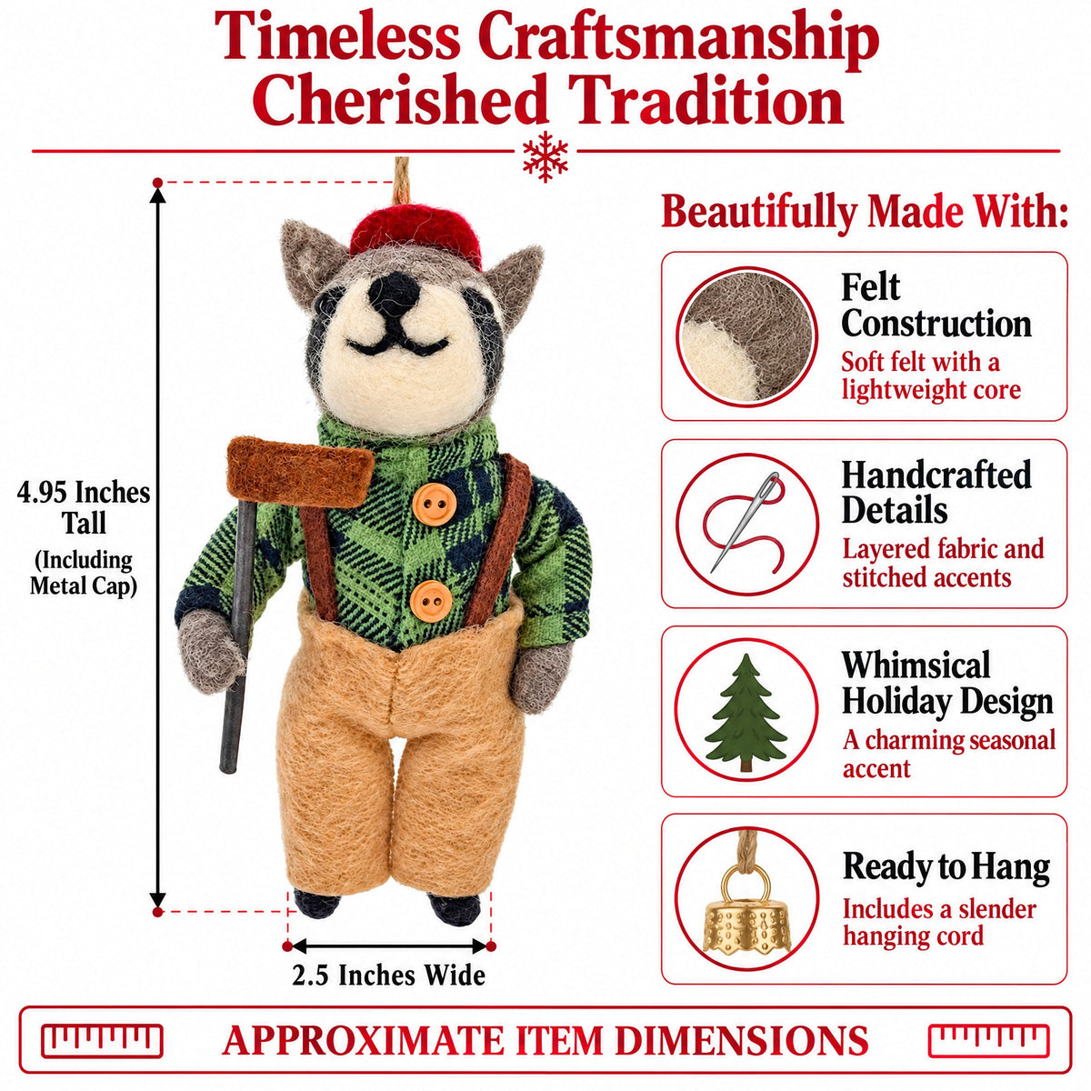 Felt raccoon ornament showing full body and hanging cord, green plaid vest, tan overalls