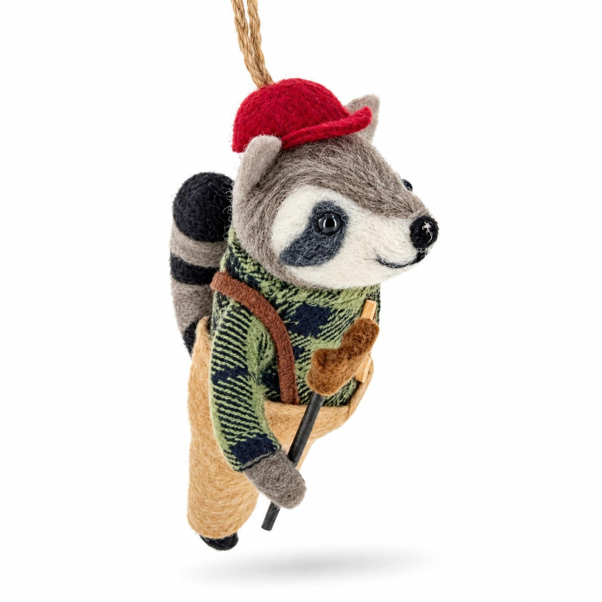 Felt raccoon ornament close-up, red cap, green plaid vest, tan overalls