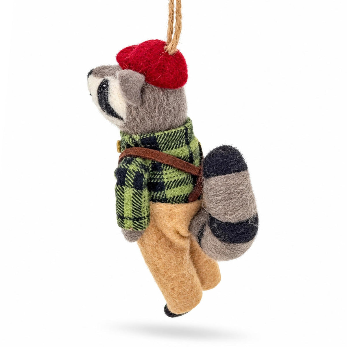 Felt raccoon ornament in profile, red cap and green plaid vest, tan overalls