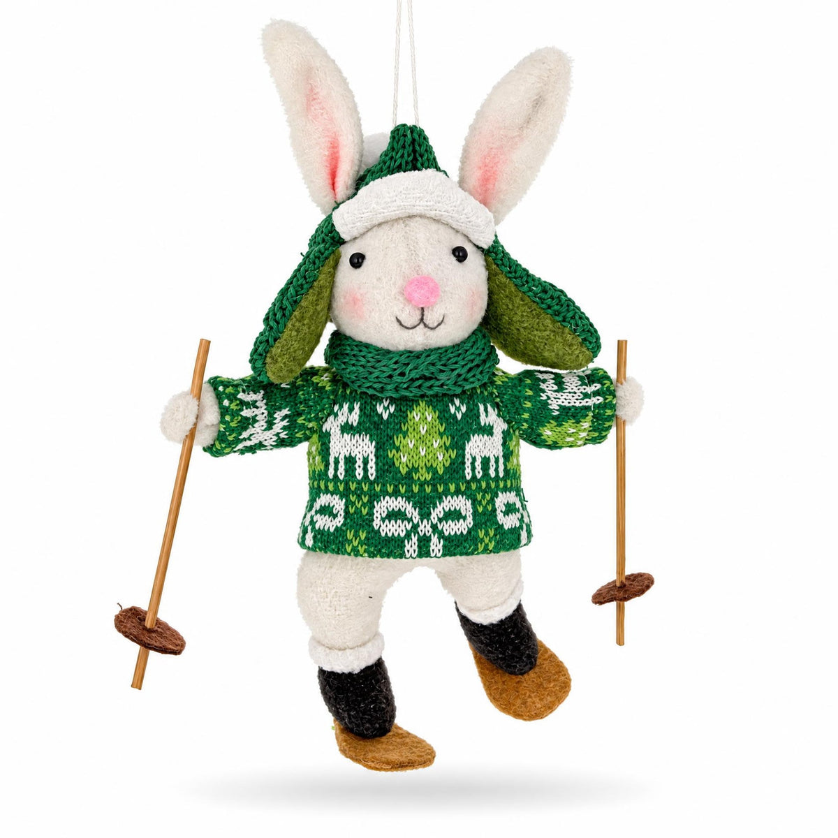 White bunny felt ornament skiing in a green knit-look sweater with wooden skis
