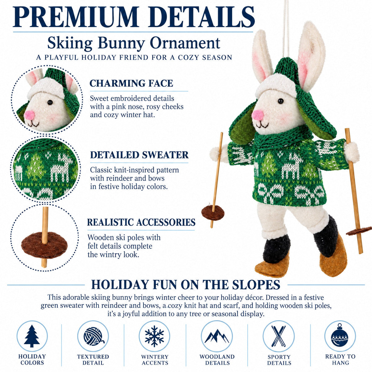 Skiing bunny felt ornament with embroidered green sweater and realistic wooden ski poles