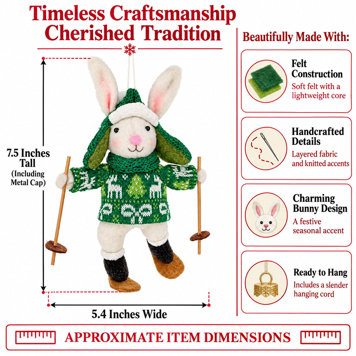 Felt bunny skiing ornament, 7.5-inch tall, with green sweater and wooden ski poles