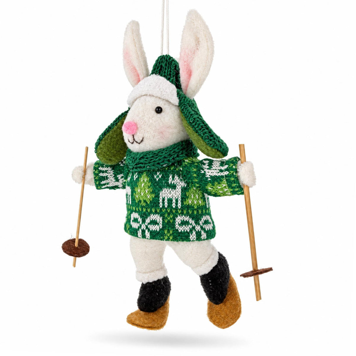 Felt white bunny skiing ornament with green sweater and hanging cord