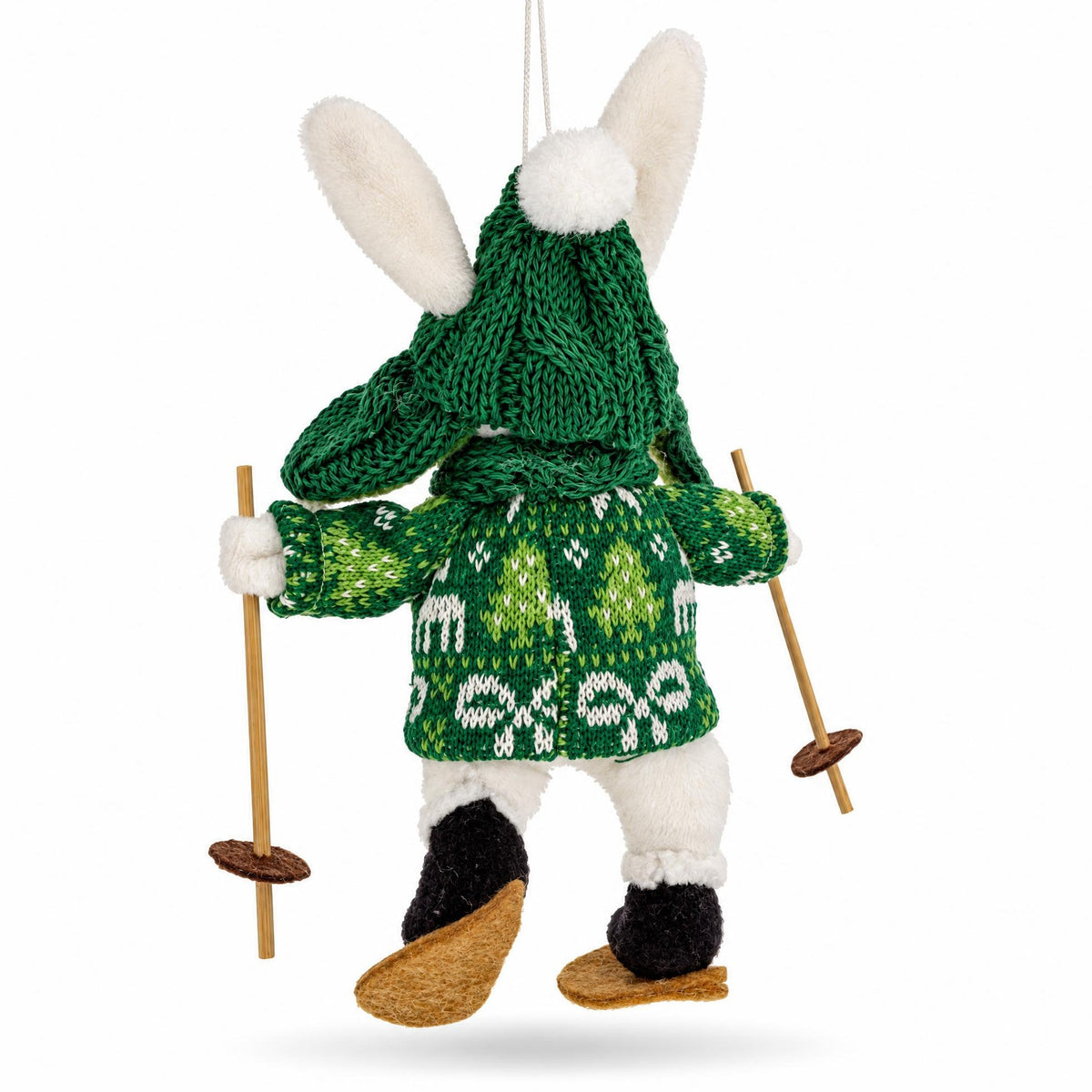 Rear view of felt bunny skiing ornament with green sweater and wooden ski poles