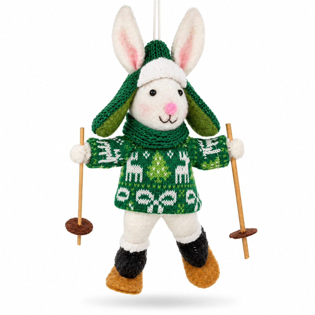 Felt white bunny skiing Christmas ornament with green sweater and wooden skis