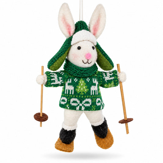 Felt white bunny skiing Christmas ornament with green sweater and wooden skis