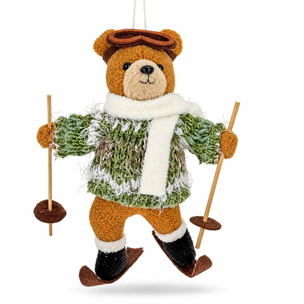 Skiing bear felt ornament with green knit sweater, white scarf, and ski poles
