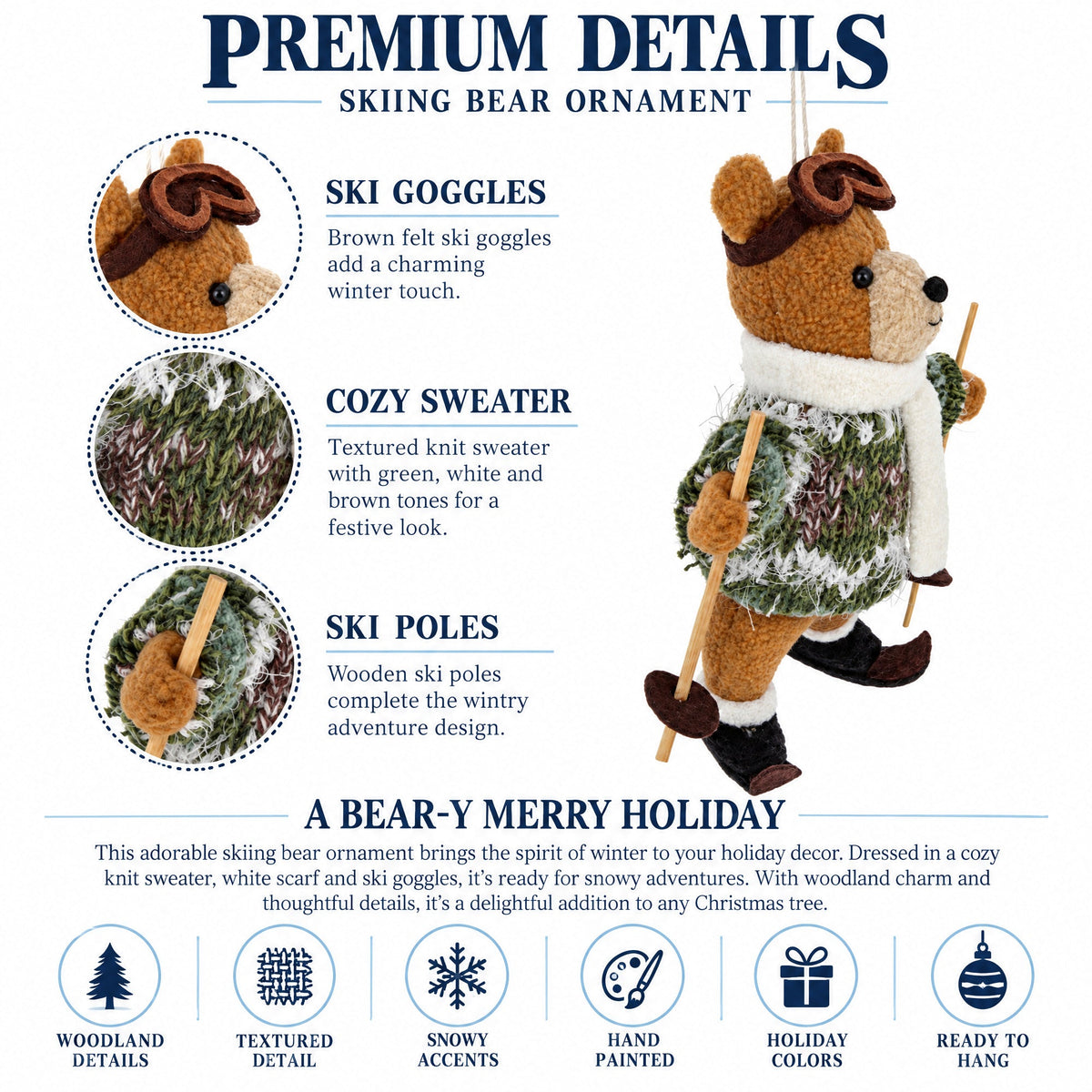 Skiing bear felt ornament with ski goggles, textured green sweater, and ski poles