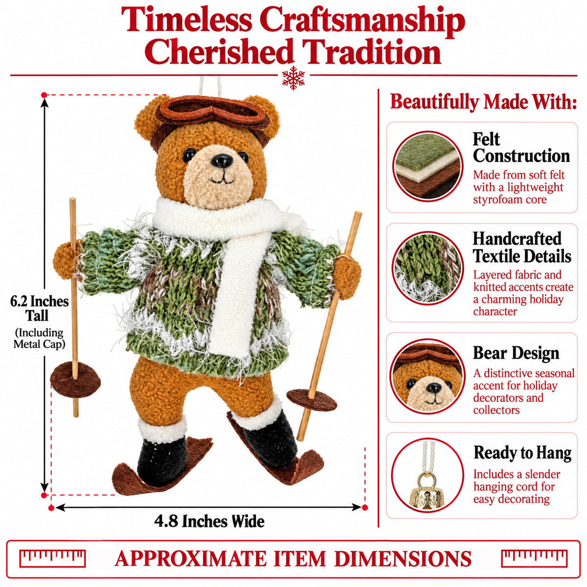 Skiing bear felt ornament with brown hat, white scarf, green sweater, and ski poles