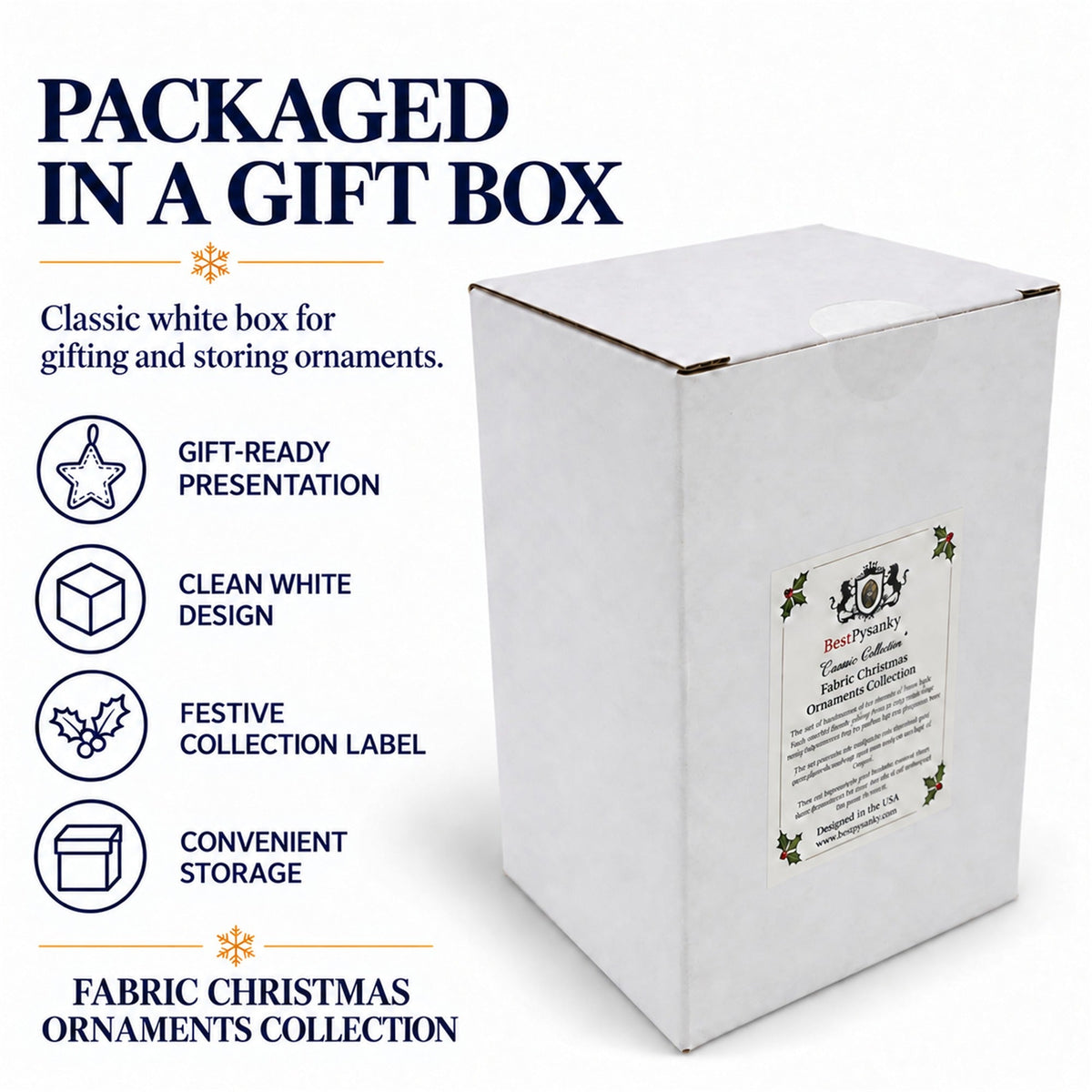 White gift box for fabric Christmas ornaments, gift-ready presentation packaging