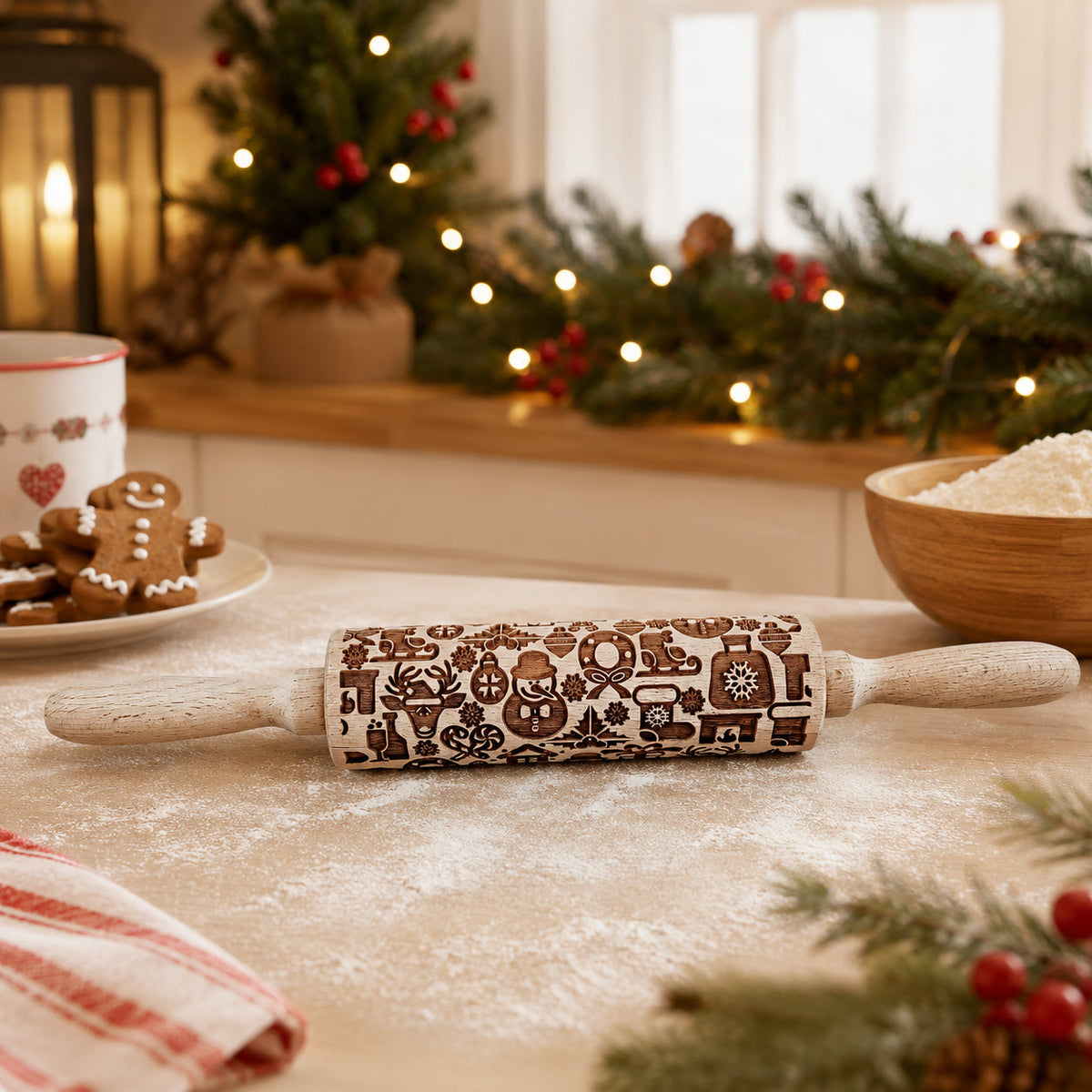 Wooden Christmas rolling pin with light-brown kitchen icon pattern on the barrel.