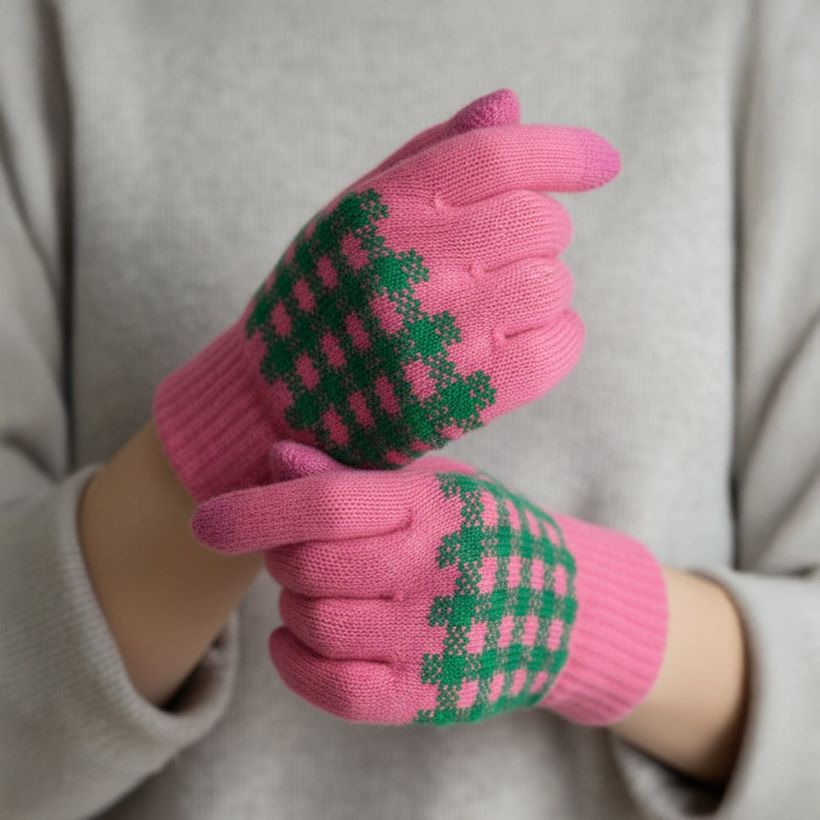 Pink knit winter plaid gloves with green-and-red checker pattern, touchscreen tips