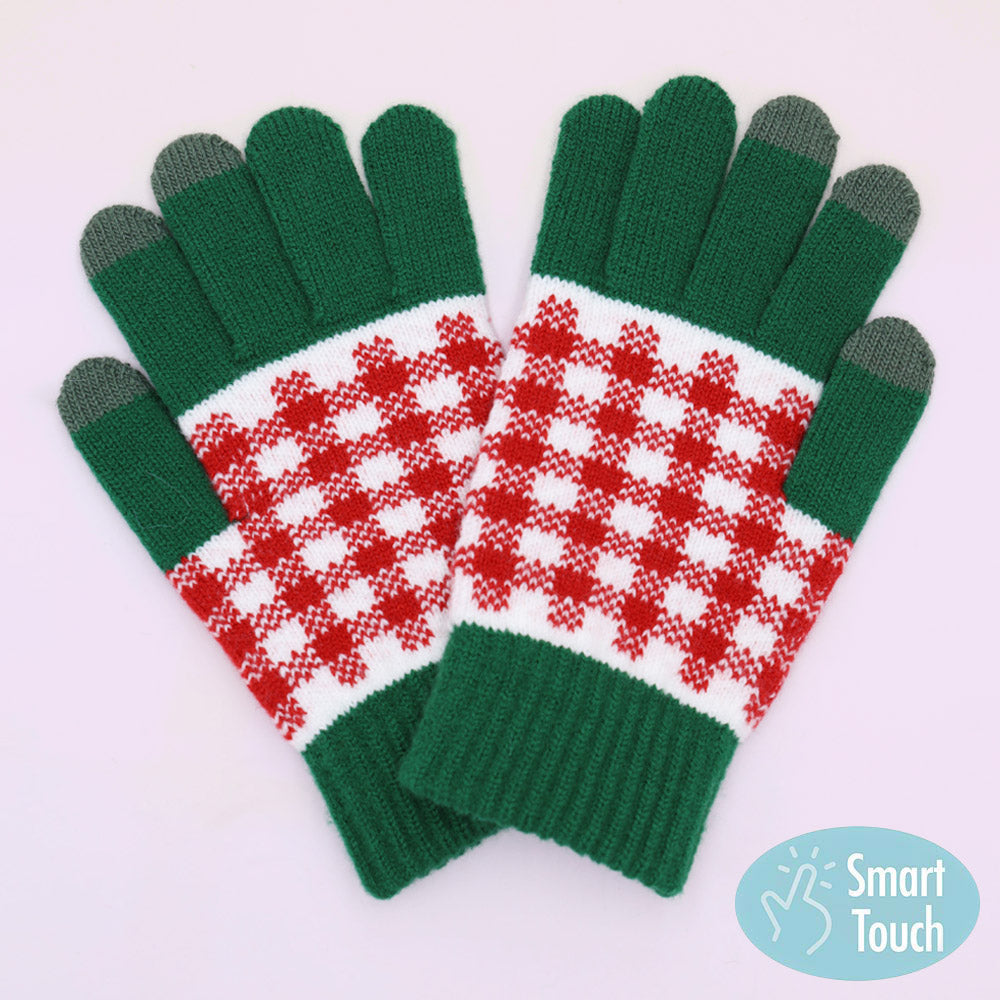 Knit winter plaid smart touch gloves in green with red-and-white checker pattern