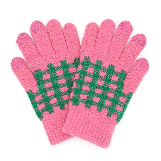 Knit winter plaid smart touch gloves in pink with green-and-red checker pattern