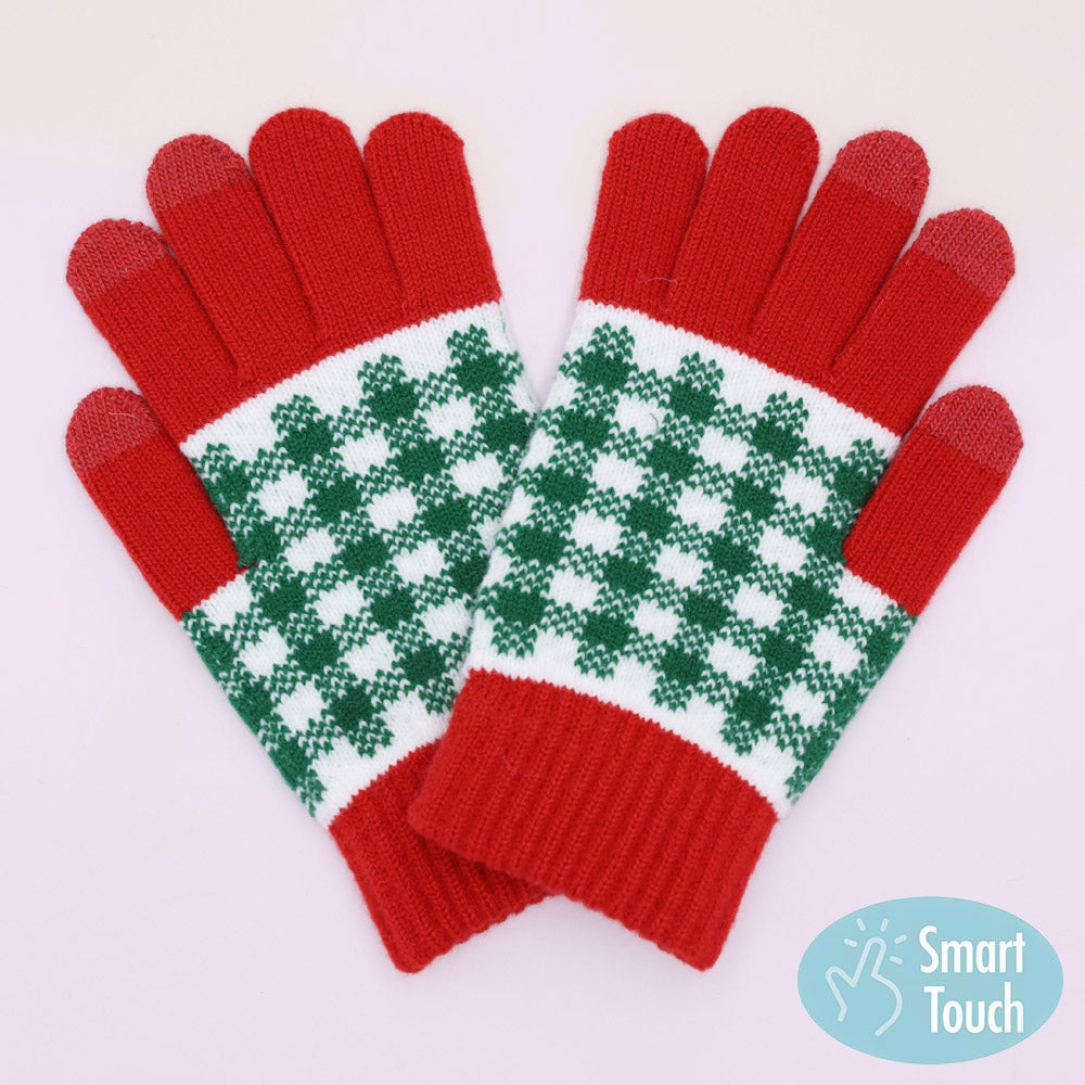 Knit winter plaid smart touch gloves in red with green-and-white checker pattern