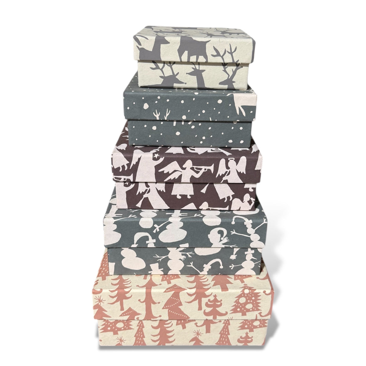 Stack of square gift boxes, gray deer and tree print with stacked lids