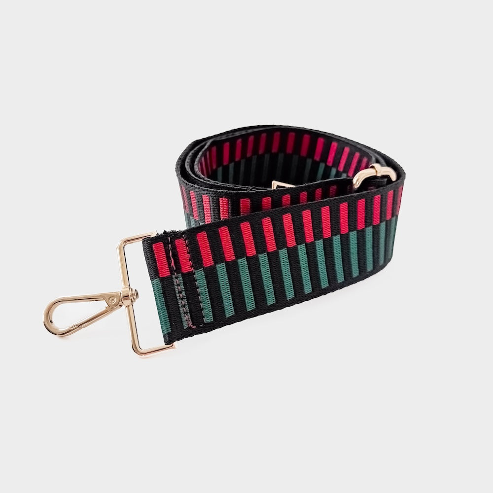 Striped webbing bag strap with gold clip and lobster clasp in green, black, red