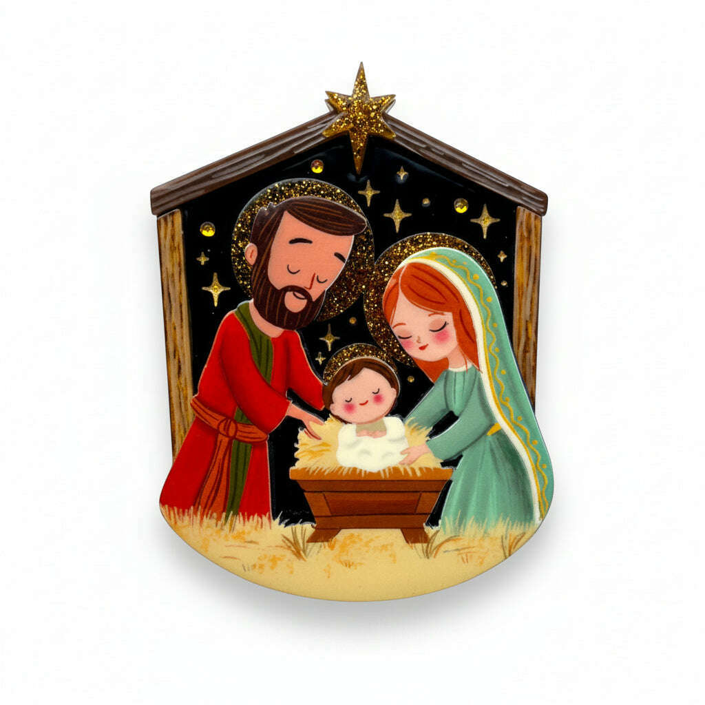 Nativity scene brooch with stable figures and gold-tone star top, enamel details