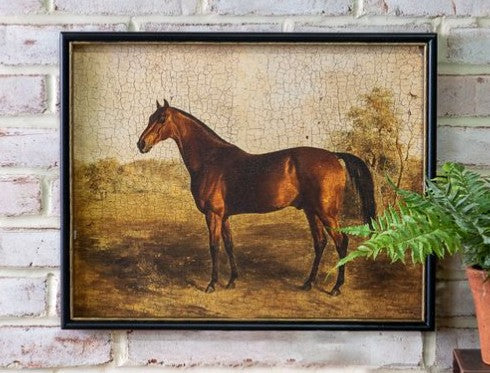 Antiqued framed horse print with a brown horse standing in a landscape