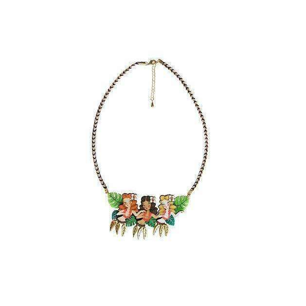 Hula girls pendant necklace with braided chain and three charm girls with leafy accents