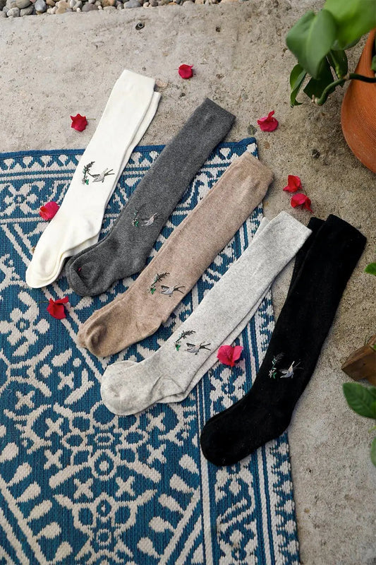 Hummingbird knee-high socks assortment in black, tan, heather gray, gray, and ivory