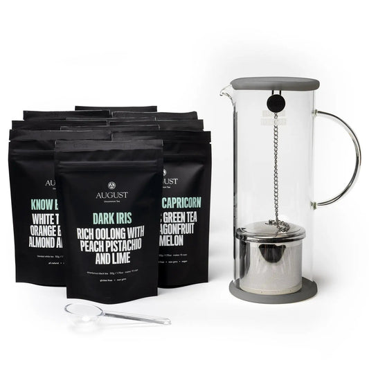 Iced tea sampler with black tea pouches, glass iced tea brewer, and scoop