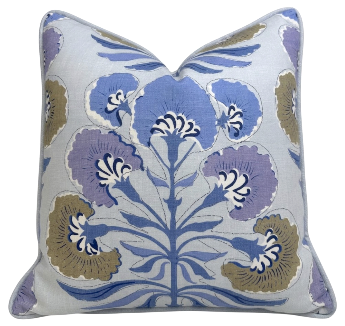 Lavender and blue botanical pillow cover with centered branch motif and corner ties