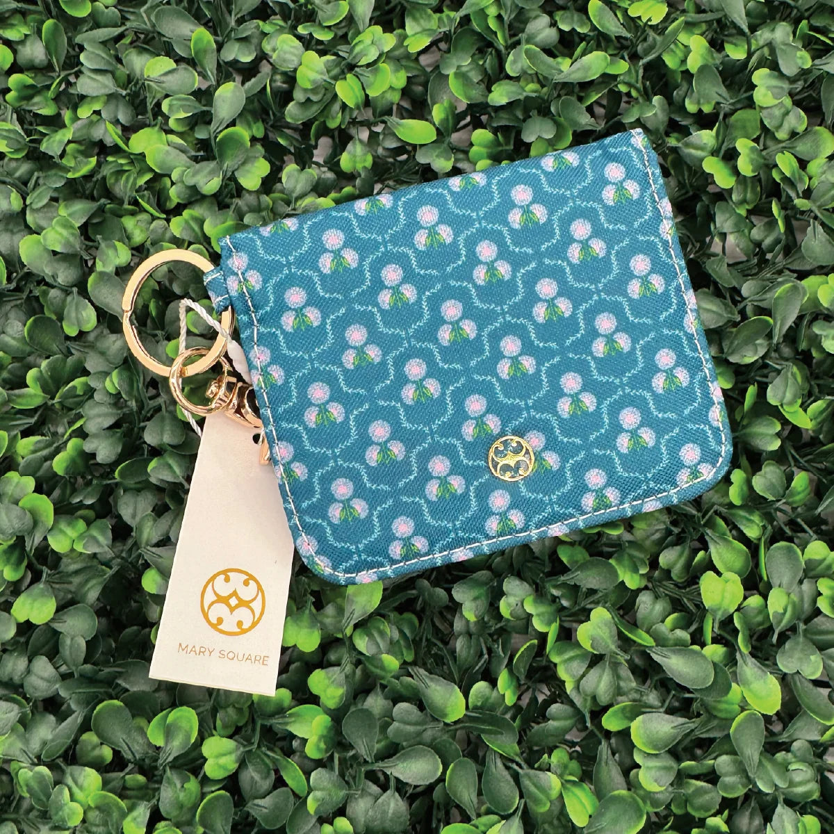 Blue floral ID wallet with key ring, flip front, and gold snap