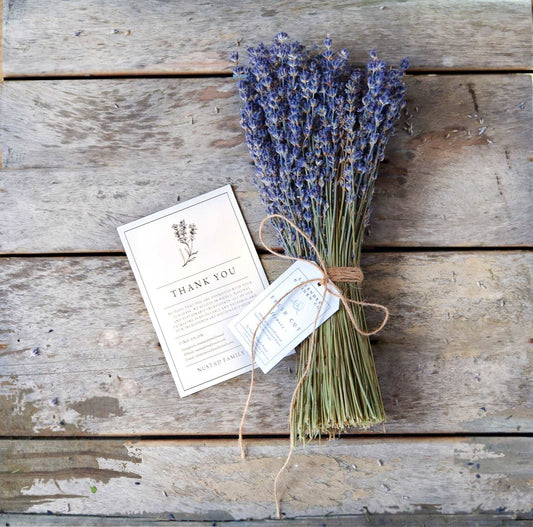 Dried lavender bundle with kraft wrap and tied twine, with thank-you cards