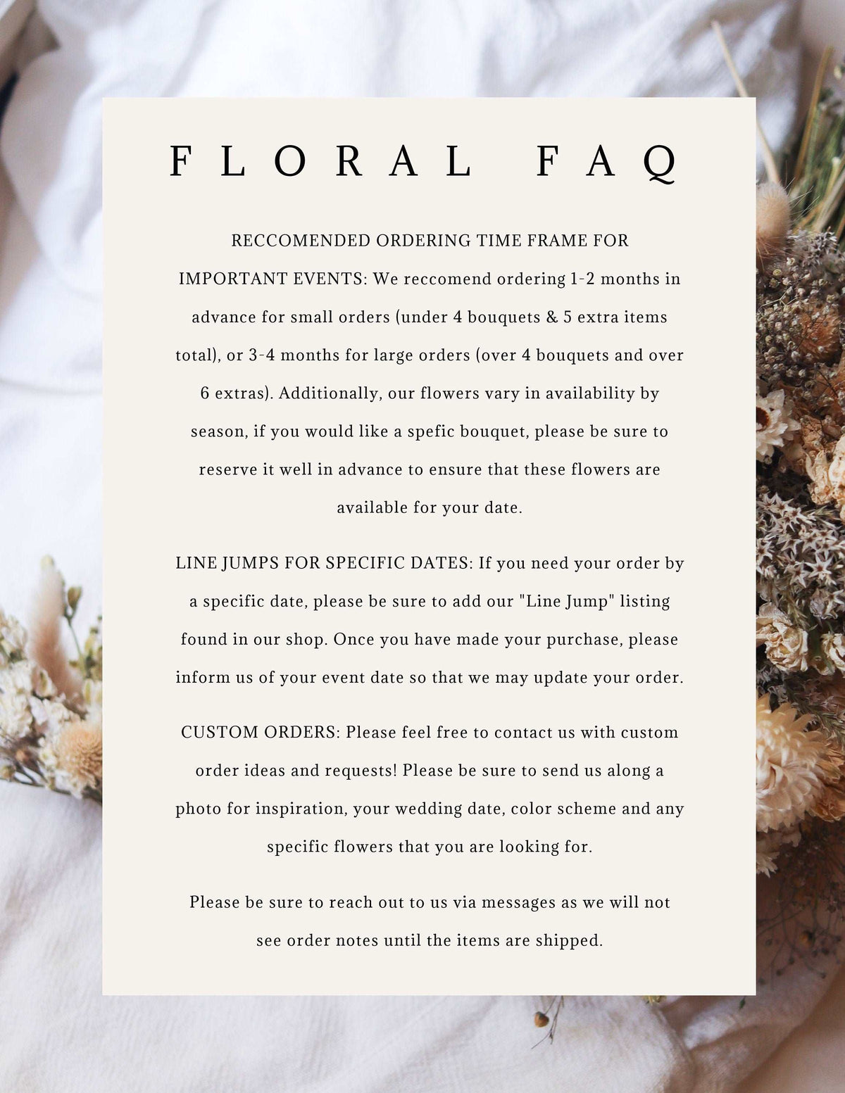 Floral FAQ card laid on fabric with printed ordering and line-jump details
