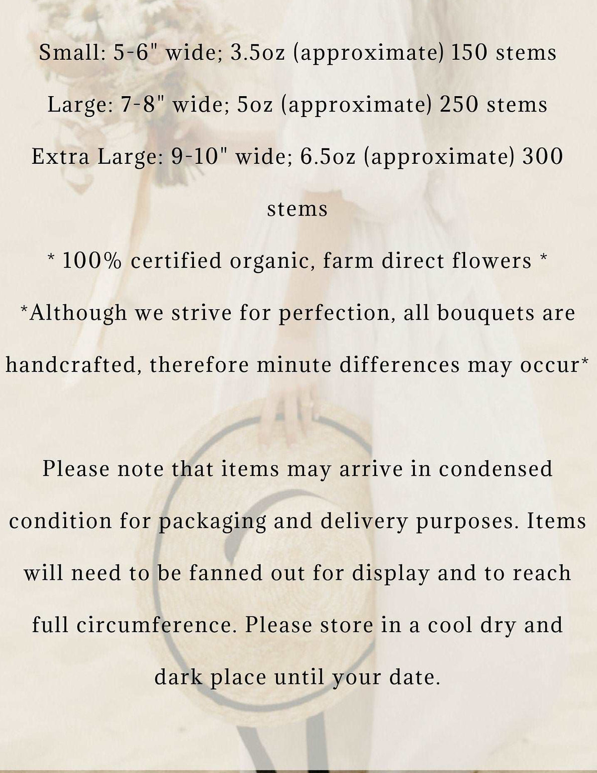 Floral FAQ card listing approximate full-bouquet dimensions and stem counts