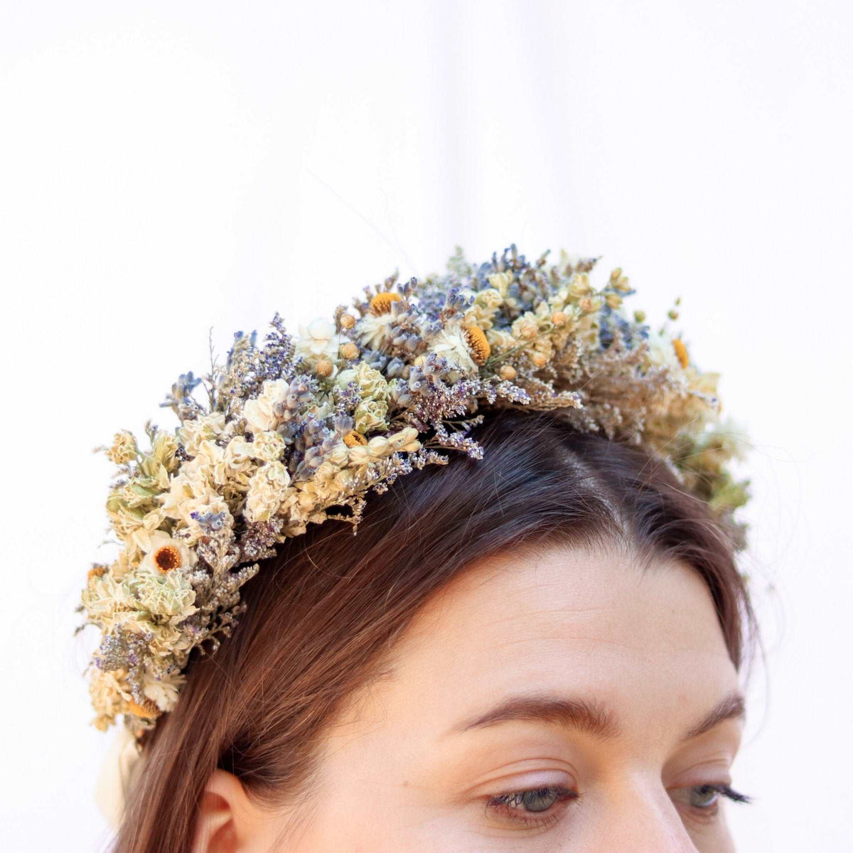 Dried wildflower bridal crown with blue and lavender tones
