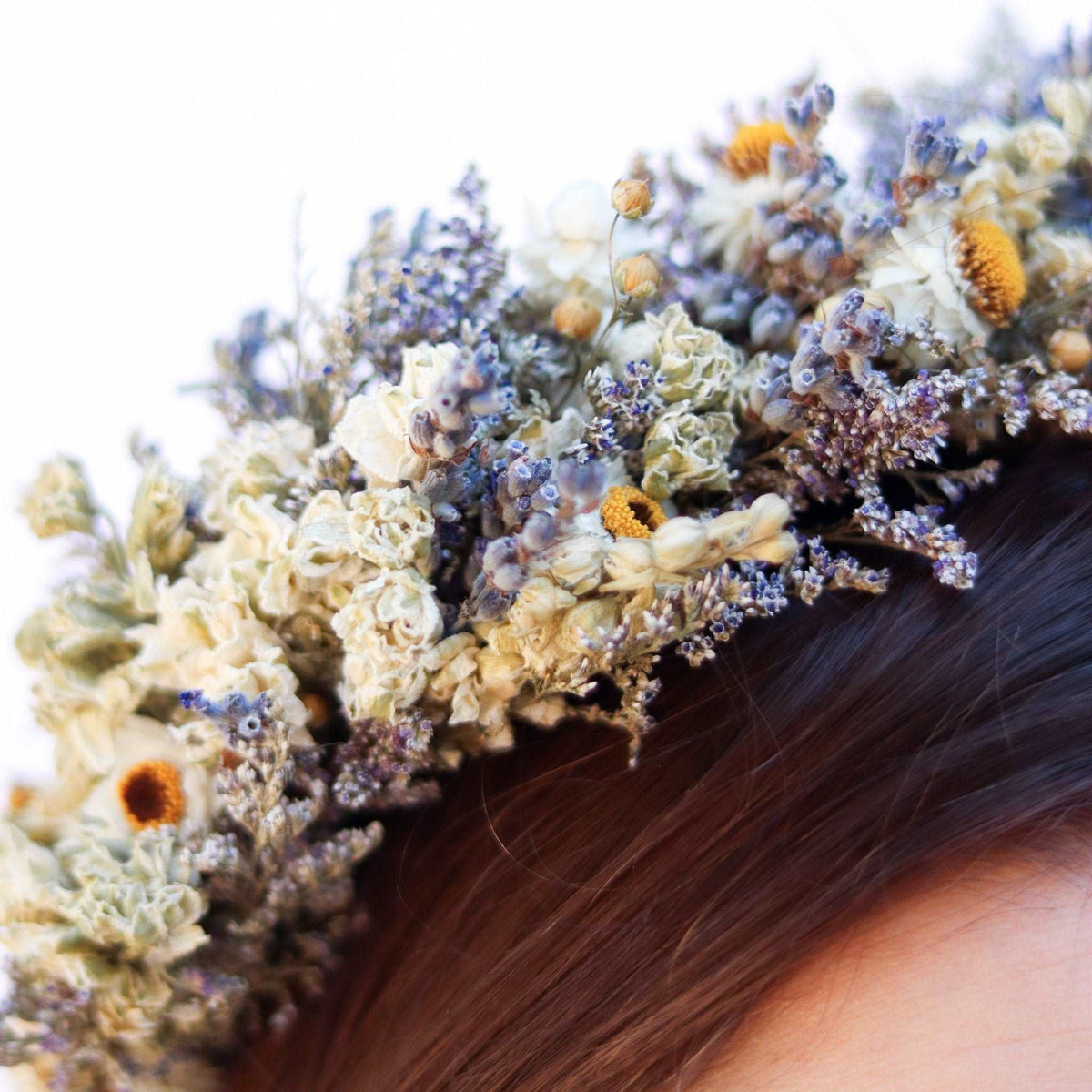 Dried flower bridal crown with blue, cream, and gold accents