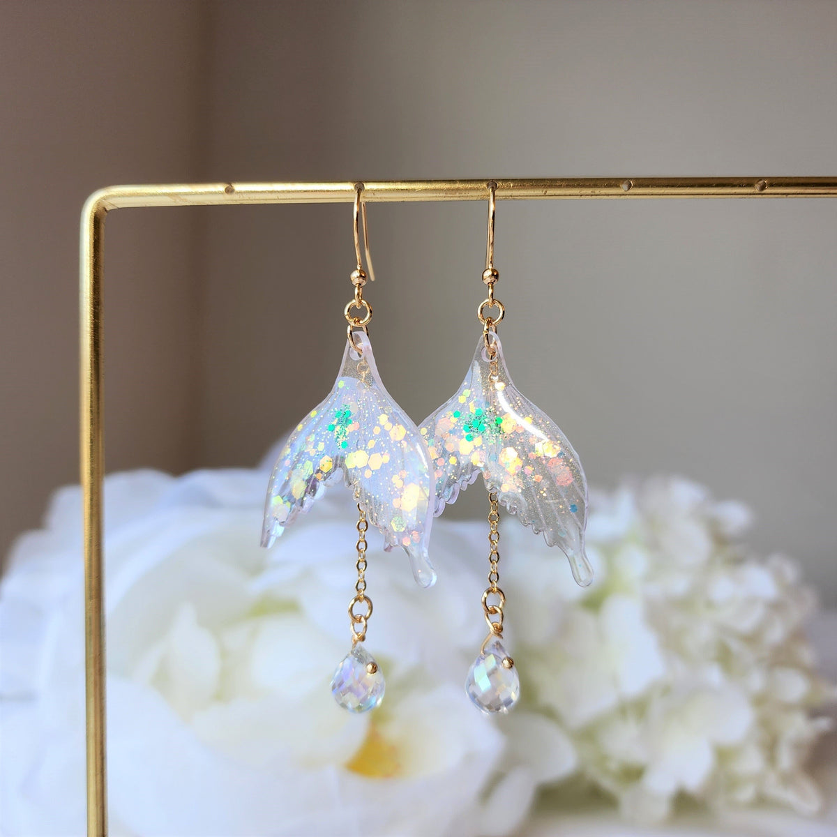 Iridescent glitter mermaid tail dangle earrings with dangling crystal beads