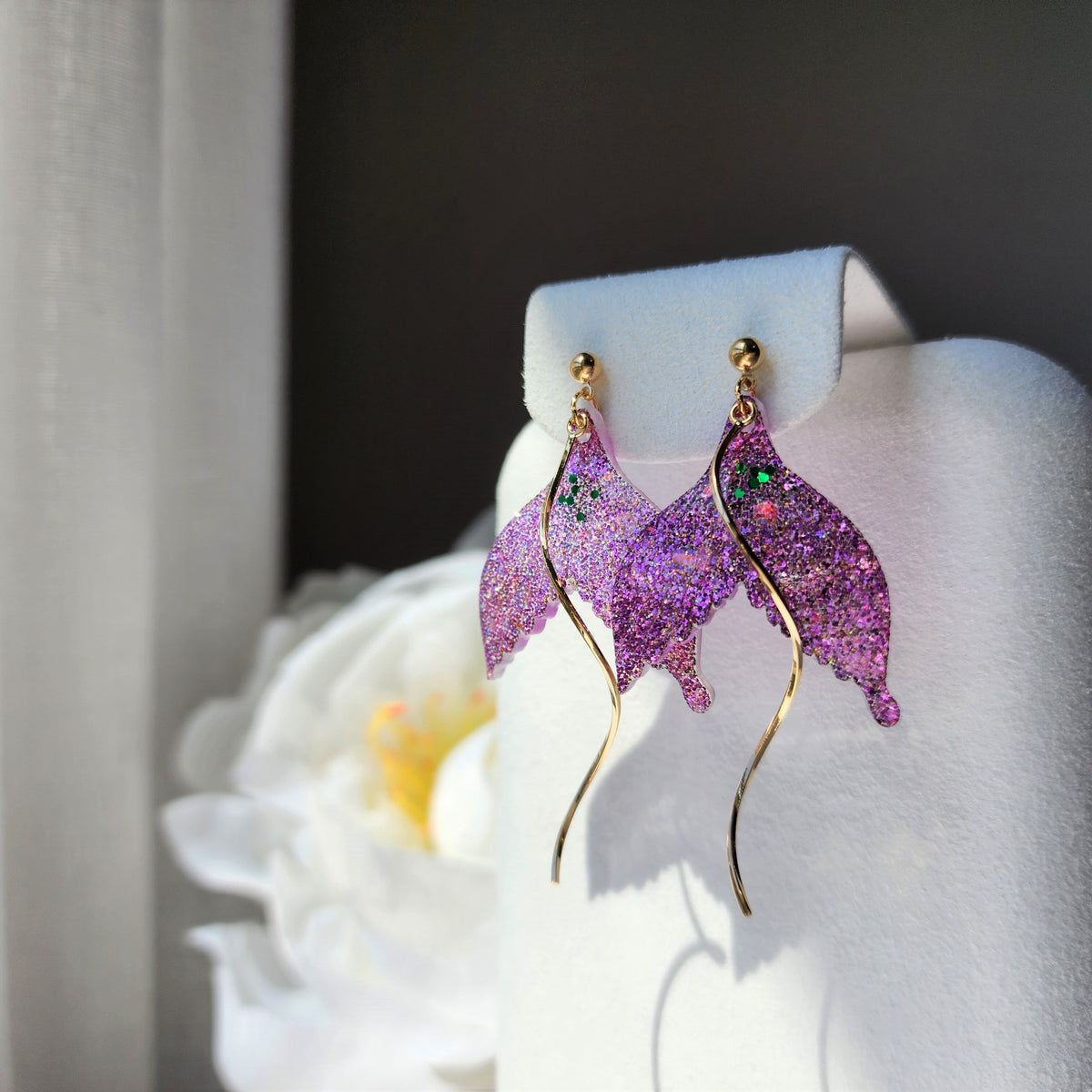 Purple glitter mermaid tail dangle earrings with gold-tone fishhook