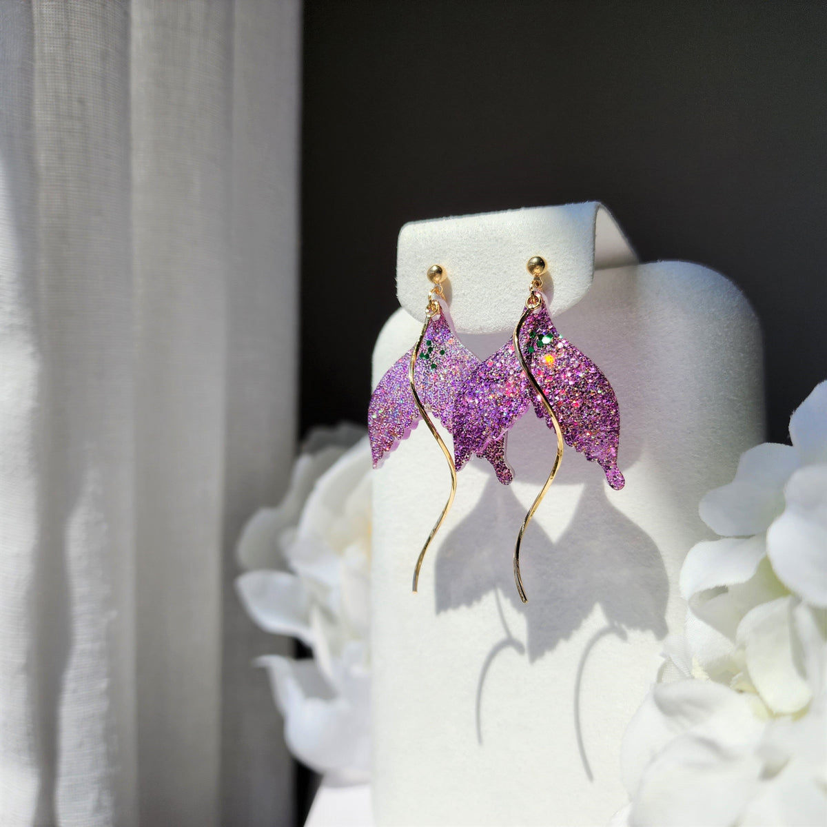 Purple glitter mermaid tail dangle earrings with gold-tone fishhooks