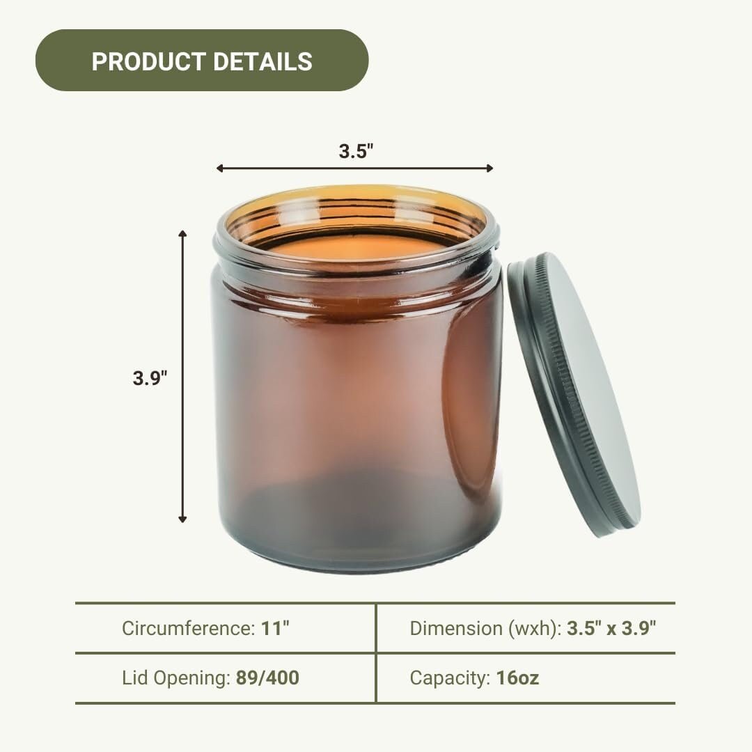 Amber glass jar candle with screw lid; 3.5 in diameter and 3.9 in height.
