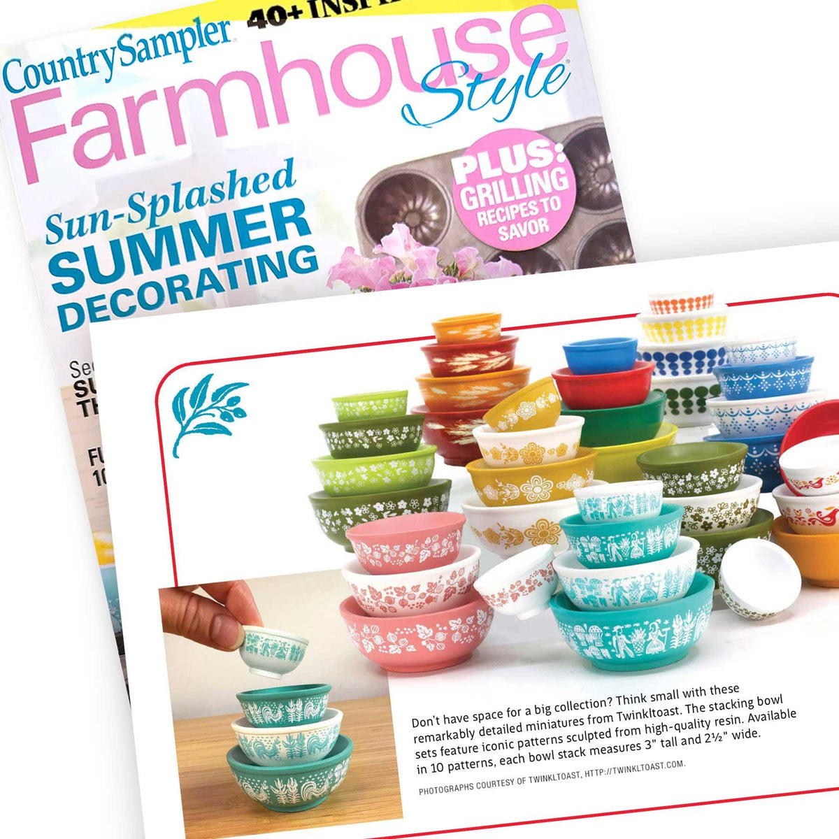 Stackable mini mixing bowls display set with mixed retro patterns, shown with box