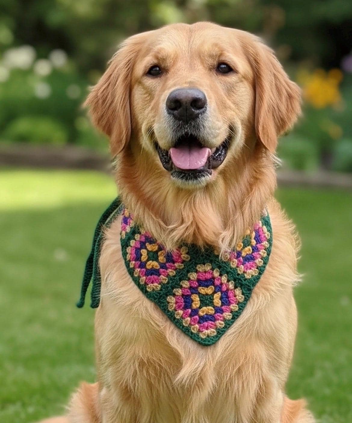 Crochet pet bandana on a golden retriever, colorful granny square triangle