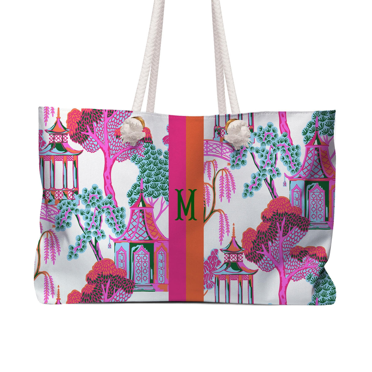 Personalized tote bag with white rope handles, colorful pagoda print and monogram