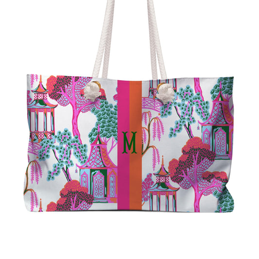 Personalized tote bag with white rope handles, colorful pagoda print and monogram