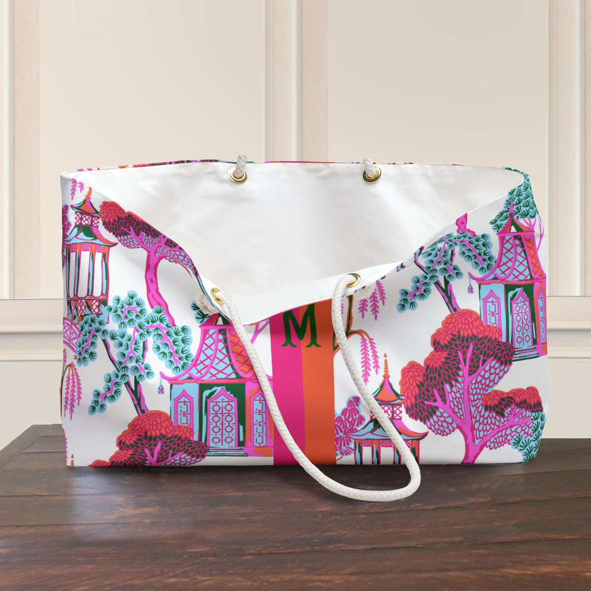 Pagoda-print tote bag with white rope handles, shown open
