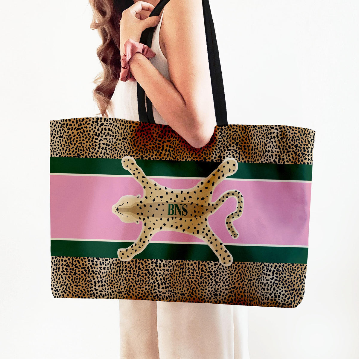 Personalized tote bag with black web handles, pink and green stripes, leopard print, and cat graphic