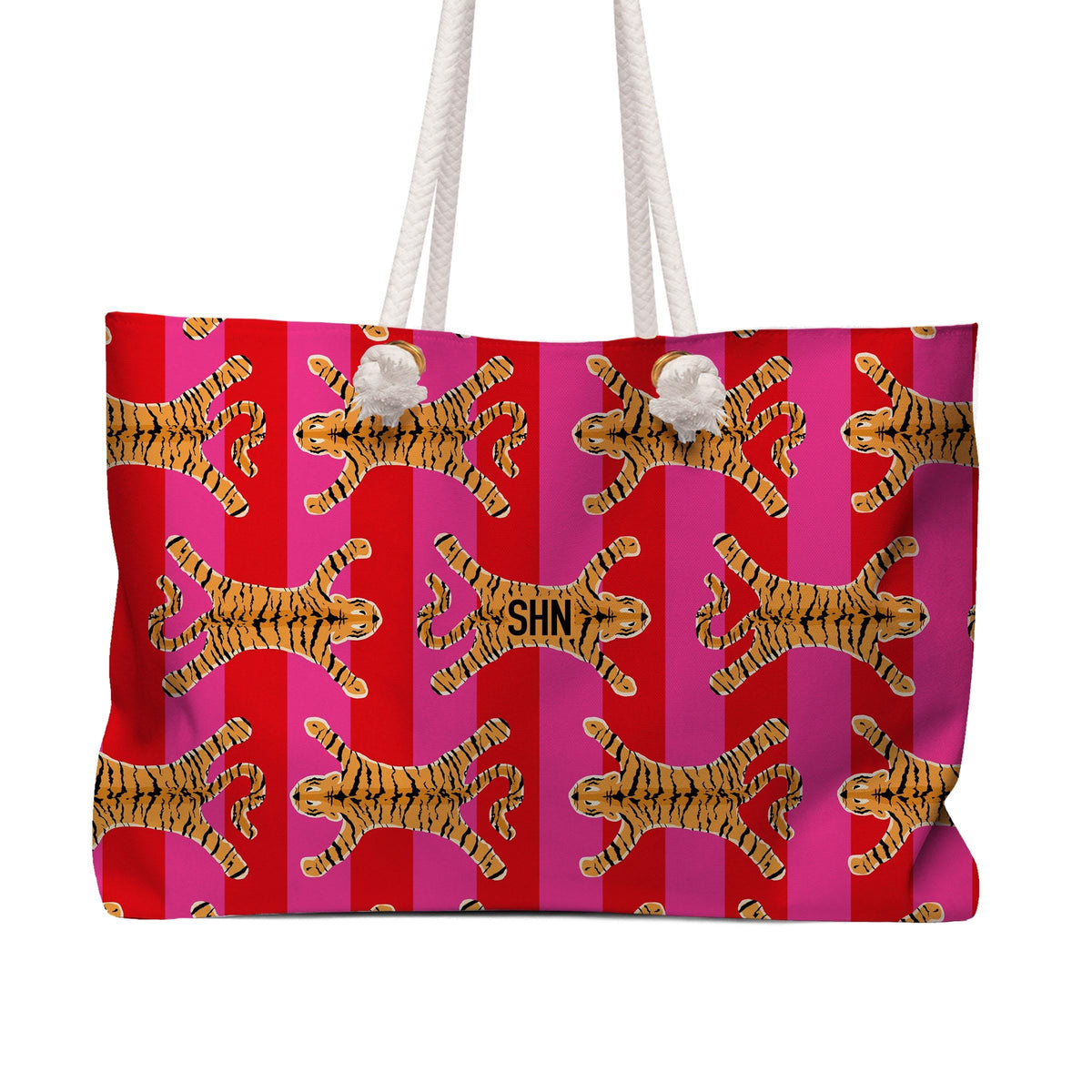 Tiger-print tote bag with white rope handles