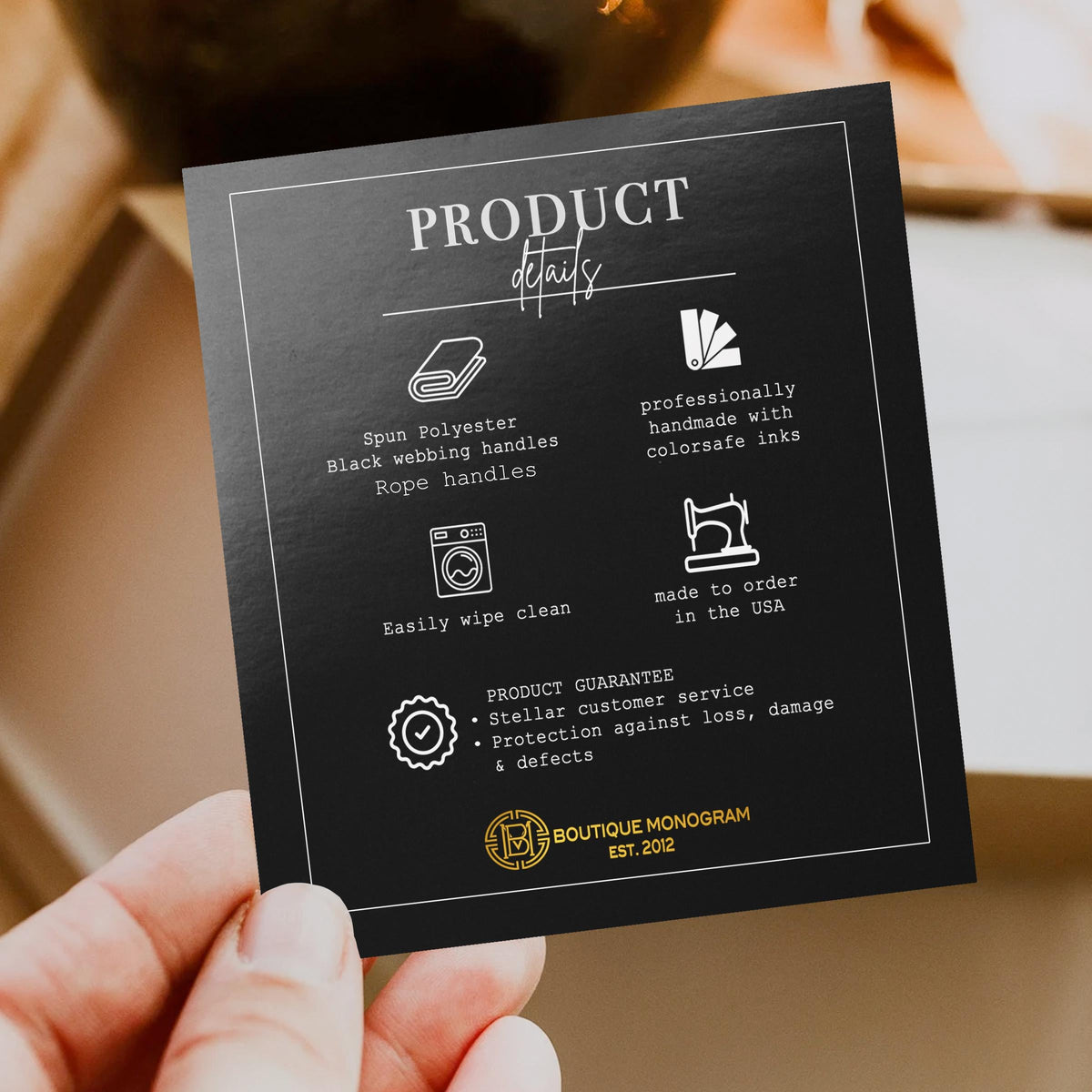 Tote bag product details card listing polyester fabric and handle options