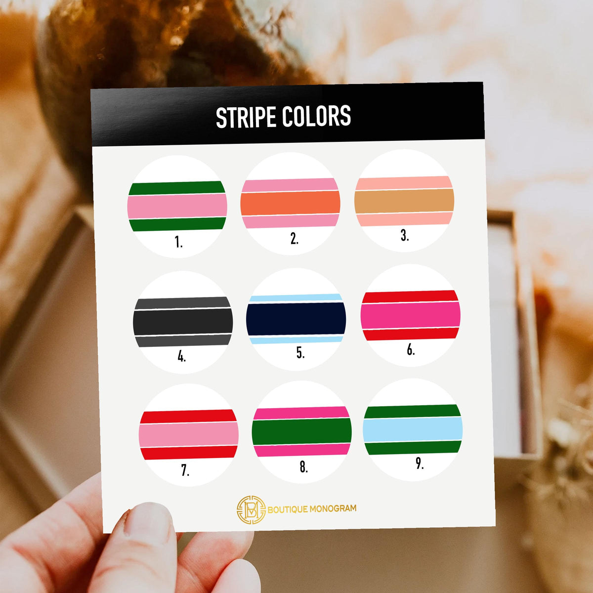 Tote bag stripe color chart showing nine color combinations
