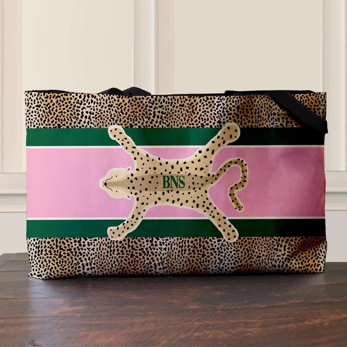 Personalized tote bag with black web handles, pink and green stripes, leopard print, and cat graphic