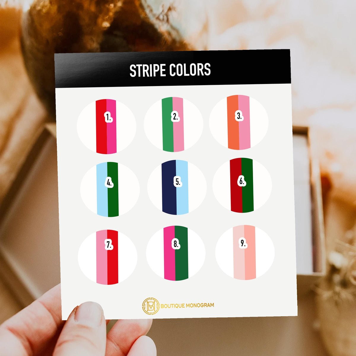 Tote bag stripe color guide with nine color combinations