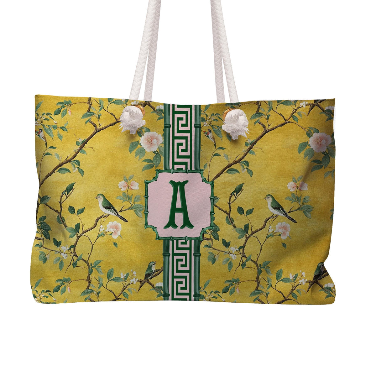 Yellow personalized mahjong tote bag with white rope handles and green monogram